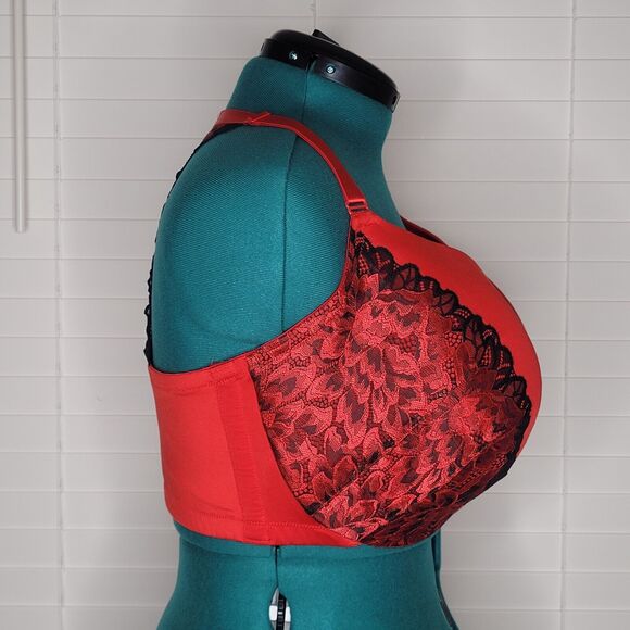 Cacique 44G Bra Red Black Embroidered Lace Lightly Lined Balconette Underwire - Picture 4 of 8